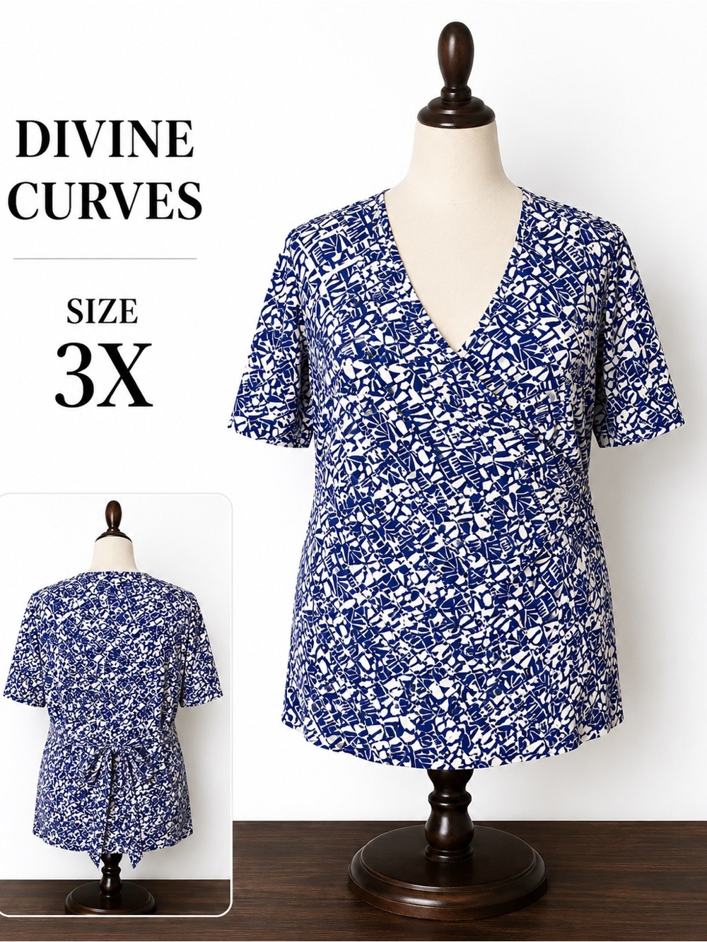 Divine Curves 3X Cobalt Blue Ivory Geometric Faux Wrap Top